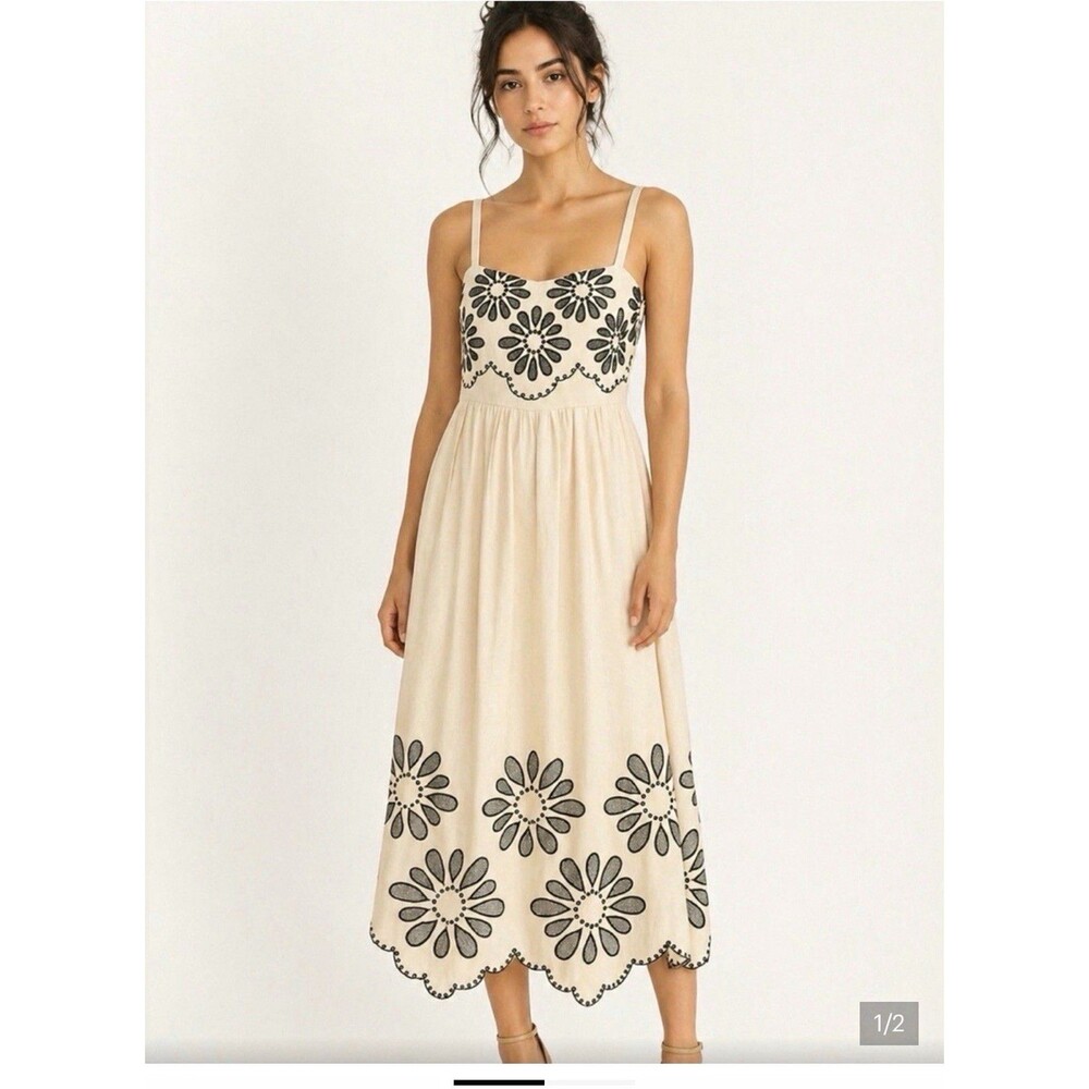 Dress Nadir Ivory Black Floral Embroidered Smocked Midi Sundress XL Cotton